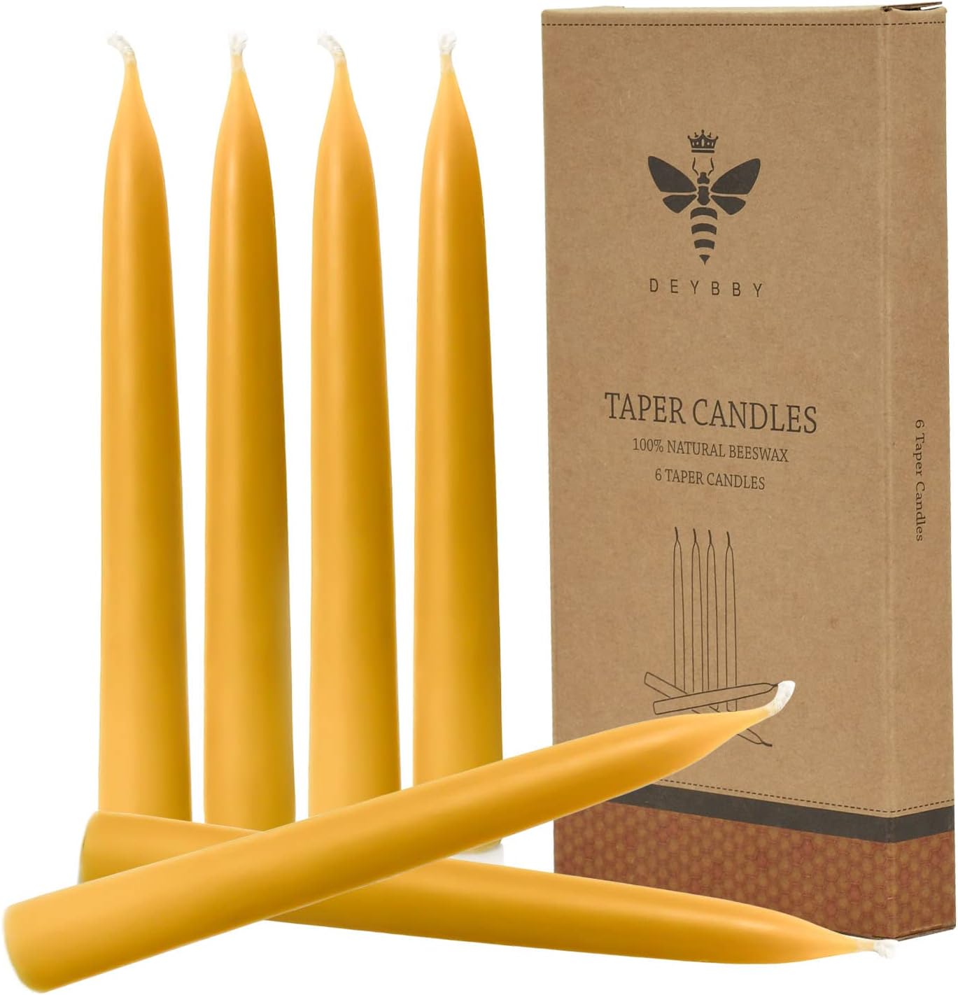 8 inch Natural Beeswax Taper Candles Set of 6, DEYBBY Smokeless and Dripless Organic Natural Beeswax Candles for Home Dinner Decor Emergency Housewarming Gift, Long Lasting Burning, Nontoxic