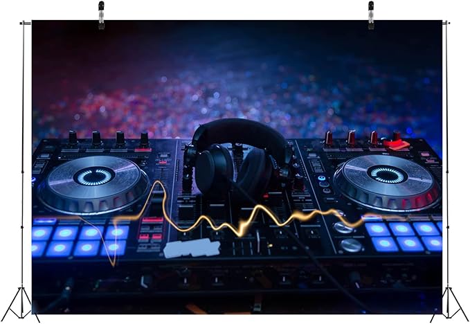 CORFOTO 10x6.5ft Fabric Dj Mixer with Headphones Backdrop Photography Dj Sound Equipment in Dark Background Musical Dance Disco Party Decorations Live Concert Stage Photoshoot Booth Studio Props