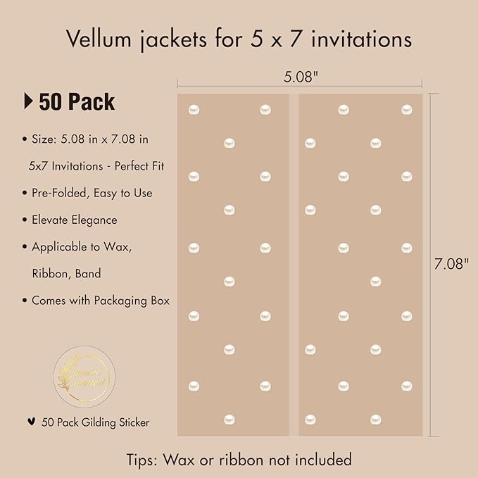 50 Pack Pre-Folded Vellum Jackets For 5x7 Invitations,AZAZA Translucent Invitation Sleeves,115GSM Vellum Jackets 5x7, Wedding Invitation Accessories, For Weddings Birthdays Baby Showers,Elegant Pearl