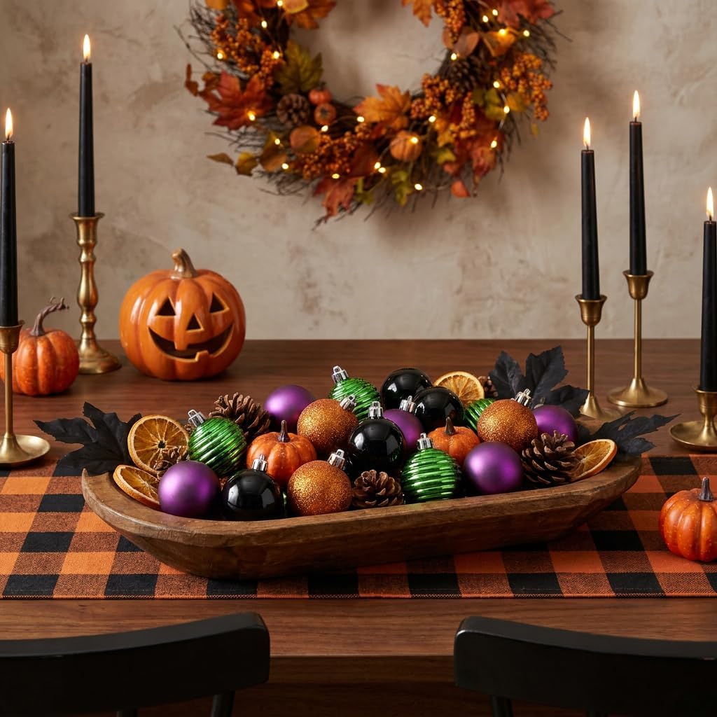 Valery Madelyn 24ct Halloween Ornaments Tree Decorations Indoor 1.6 Inch | Orange Purple Green Black Shatterproof Christmas Ball Ornaments Vintage Hanging Xmas Holiday Party Decor