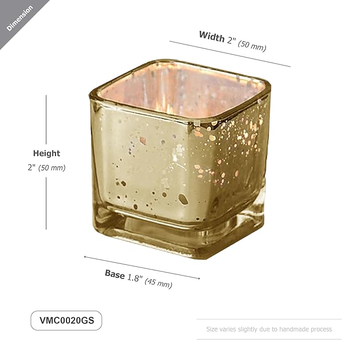 WGV 2 Inch Gold Speckle Square Cube Glass Votive Candle Holder Bulk, Small Tiny Mercury Tea Light 2x2”, 24 Pieces