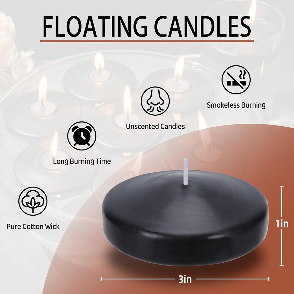 3 inch Floating Candles 36 Packs Black Floating Candles 8-9 Hours Floating Candle for Centerpieces 3” Water Candles for Cylinder Vases, Pool, Wedding, Party