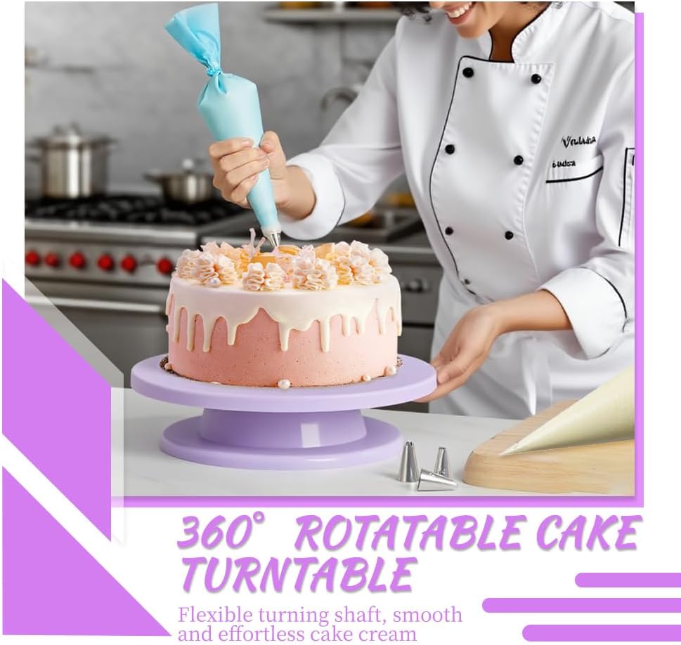 Cake Stand Rotating Turntable kit with Reusable Piping Bag and Piping Tips | Cake Decorating Tools for Beginners,14PCS cake turntable set