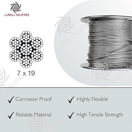Laureola 1/8" 7x19 Stainless Steel Aircraft Wire Rope 304 Grade (700ft)