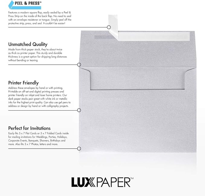 LUXPaper A7 Invitation Envelopes | Peel & Press | 5 1/4" x 7 1/4" | Silver Metallic | 80lb. Text | 50 Qty