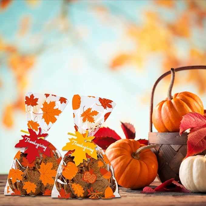 YUJUN 120 PCS Fall Cellophane Treat Bags,Maple Leaves Gift Goodie Candy Autumn Clear Cello Bags with 60 Pieces Maple Leaves Tags for Fall Autumn Thanksgiving Theme Party Favor Supplies(4 Styles)