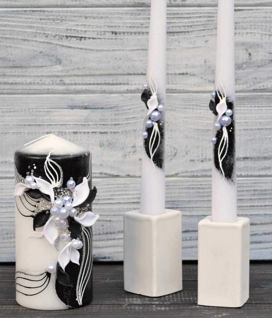 Unity Candle Set - Wedding Ceremony & Reception – 6” Pillar & Two 10” Taper Candles – Long Burning Unity Candles for Marriage Ritual – Handmade in USA – Black | White