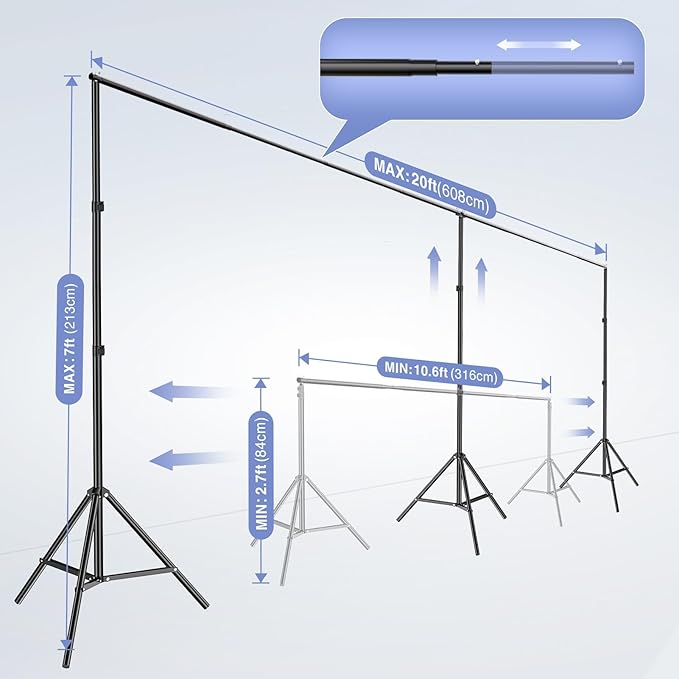 EMART Backdrop Stand, 20x7ft(WxH) Large Adjustable Background Support System with 308° Angle Rotatable Connector, 8 Clamps, 3 Sandbags and Carry Bag for Paties, Wedding, Photography Studio