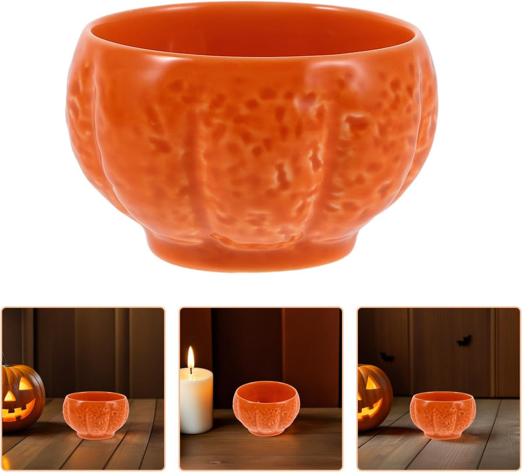 Healifty Pumpkin Shaped Ceramic Candle Holder for Halloween and Fall Party Decor, Orange Aromatherapy Candle Cup with Unique Elegant Design, Sturdy Ceramic Material with High Temperature