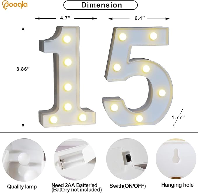 Pooqla Decorative LED Light Up Number Letters, White Plastic Marquee Lights Sign for Birthday Party Wedding Decor, Battery Operated (15)