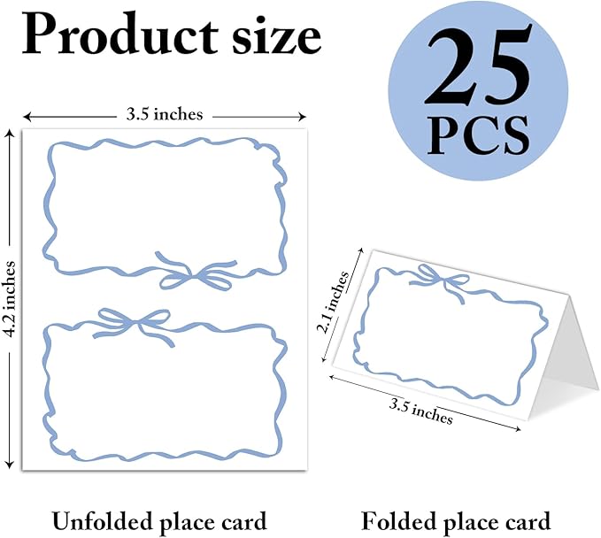 25 Pack Blue Bow Wave Place Cards, Editable Name Cards for Table Setting, Tent Cards Food Label for Dinner Party, Bridal Shower, Wedding, Baby Shower and Events -T15