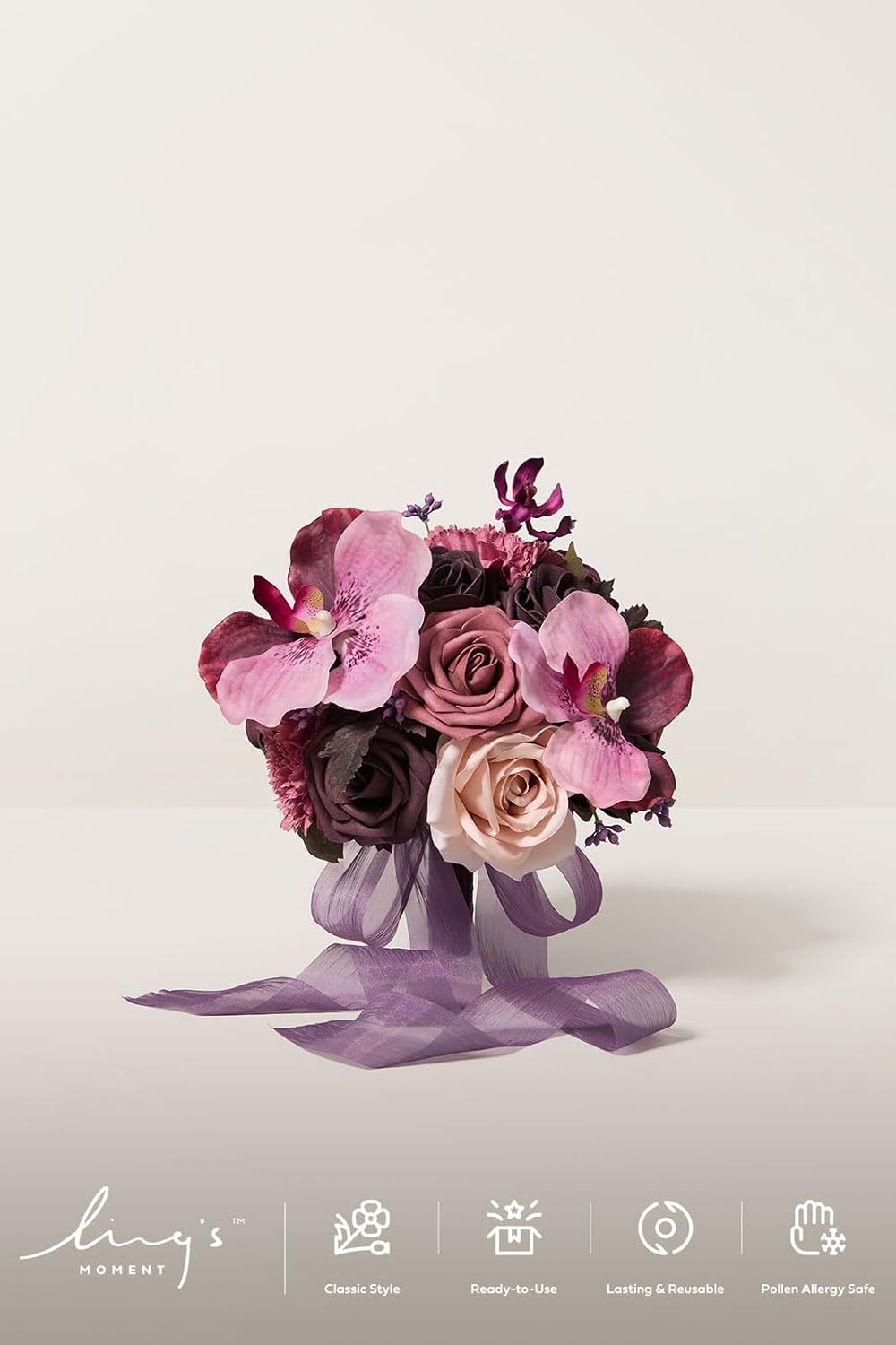 Ling's moment Wedding Artificial Flowers Package, Bridal Bouquet, Bridesmaid Bouquets, Boutonniere for Men, Rose Petals.Plum Lily Grape