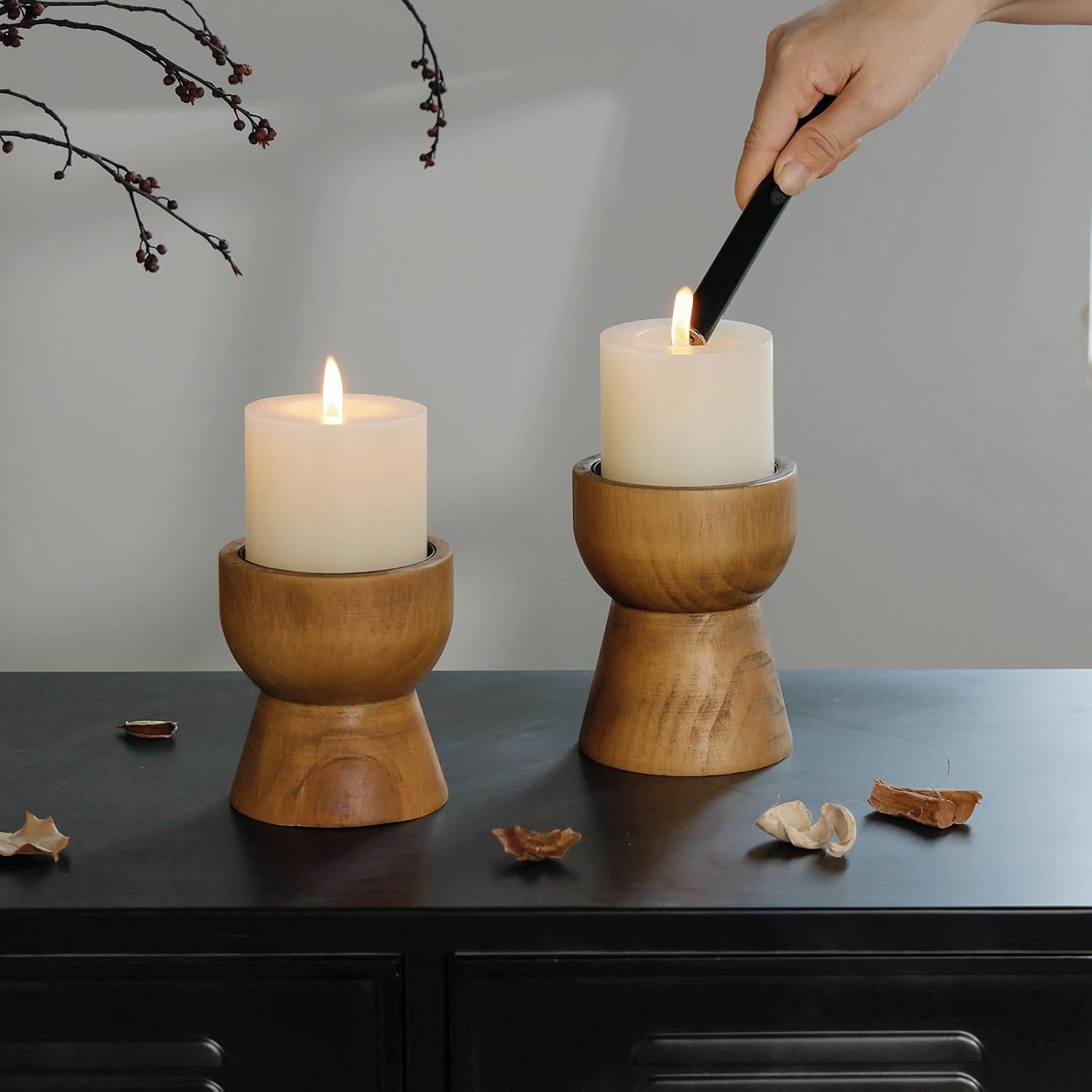 NIKKY HOME Farmhouse Wooden Pillar Candle Holders Set of 2, Mantel Decor | Rustic Brown Solid Wood Candle Pedestal, Decorative Short Base Stand, Adds Natural Charm to Fireplace Table Centerpiece