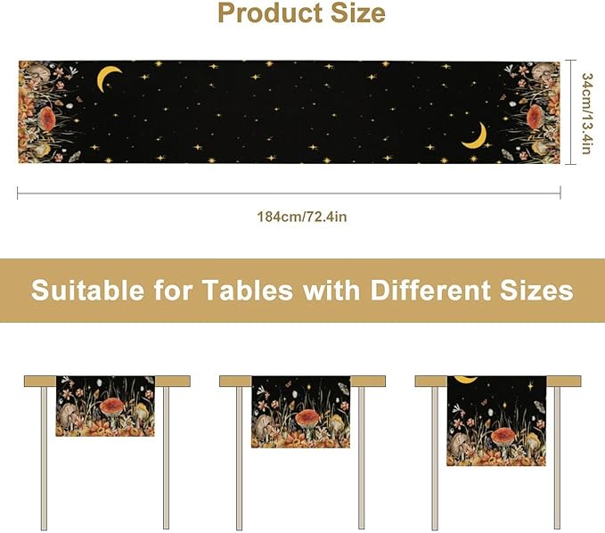 Mushroom Kitchen Table Runner, Gothic Moon Star Plants Witchy Moonlit Flower Butterfly Table Runner for Kitchen Party Living Room Drapes, 13x120 Inch Black