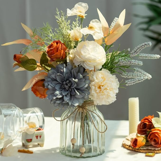 LESING Dahlia Flower Aritificial Flower with Vase Fake Silk Flowers in Glass Vase Faux Rose Flowers Arrangement for Home Office Table Centerpiece Decoration (Blue)