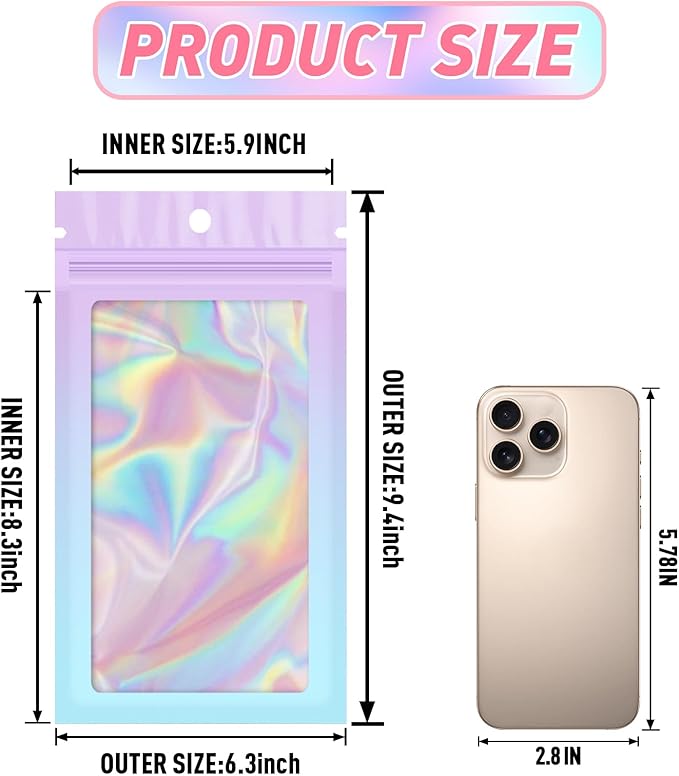 Funfery 100 Pack Gradient Holographic Bags,Mylar Resealable Bags with Zipper,Clear Window Packaging Pouchs,Foil Smell Proof Bag for Food Storage,Sample Jewelry Bag(6.3x9.4In,Purple Blue)
