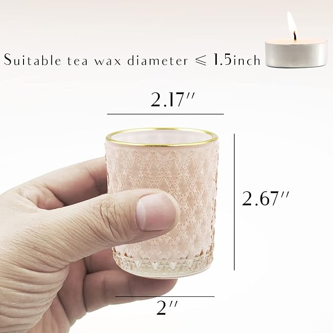 SHMILMH Pink Votive Candle Holders Set of 24, Pink Christmas Table Centerpiece Glass Tealight Holders Bulk with Gold Rim, Tea Candle Holder for Birthday Wedding Decor