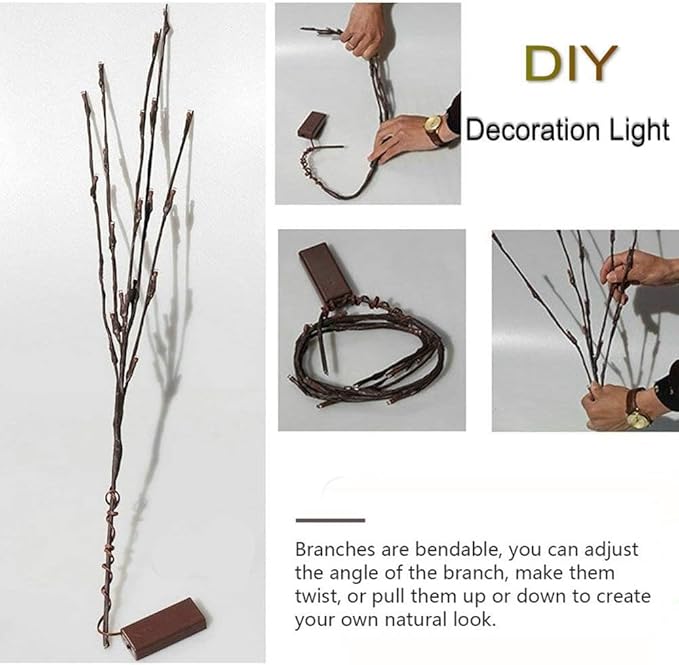 DK177 4 Pack Led Branch Light Battery Operated Lighted Branch Vase Filler Willow Tree Artificial Little Twig Power Brown 30 Inch 20 LED for Home Romantic Decoration, Warm White