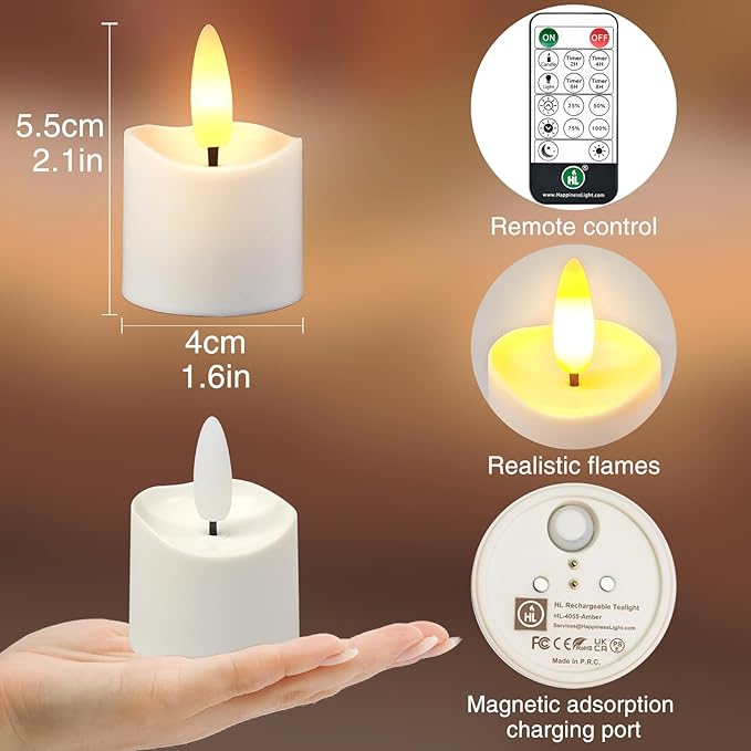 HL Rechargeable Waterproof Tea Lights,100H+ Highly Bright Led Flameless Candles,Magnetic Charging Battery Candles with Remote,Electric Votive Candles for Home Halloween Christmas Decorative-12pcs
