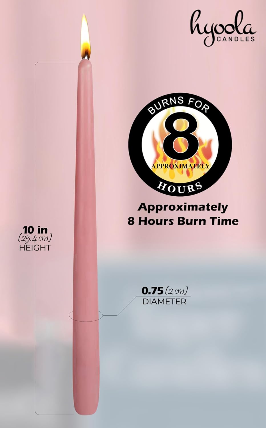 Hyoola Tall Taper Candles - 10 Inch Rose Pink Unscented Dripless Taper Candles - 8 Hour Burn Time - 4 Pack