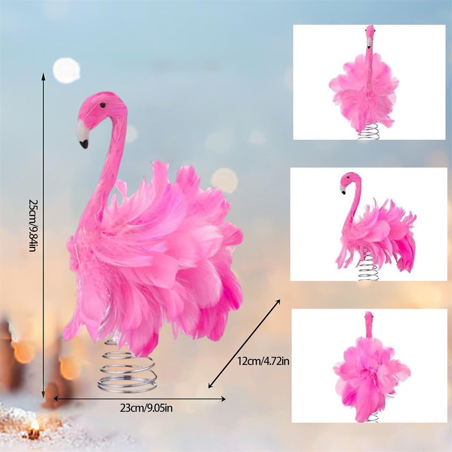 Pink Flamingo Christmas Tree Topper, Fluffy Feather Flamingo Tree Topper, Tropical Summer Tree Ornaments Christmas Tree Decor for Holiday Xmas Party Home (Pink, One Size)