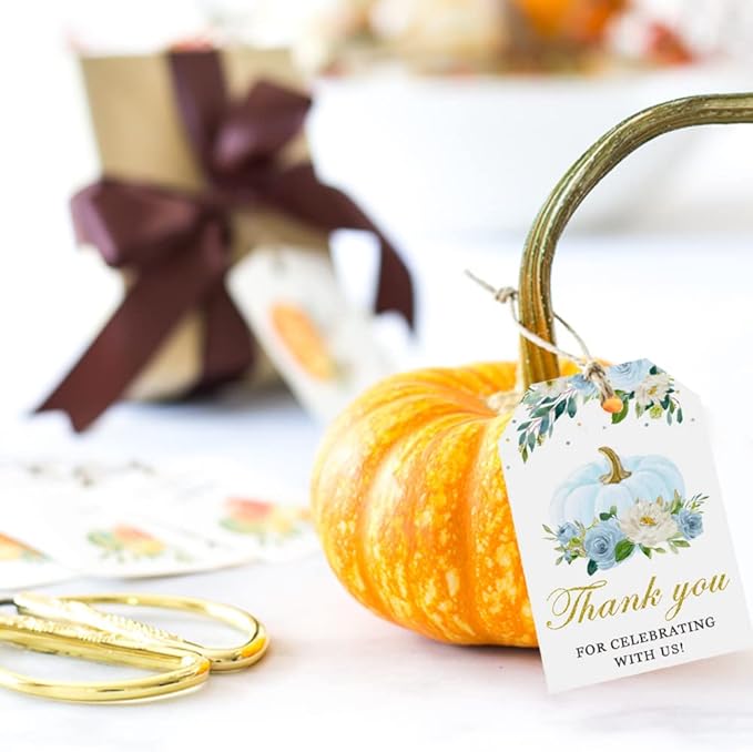 50 Pcs Pumpkin Gift Tags, Fall Theme Gift Tags with String, Thank You for Celebrating with Us Tags for Wedding Thanksgiving Birthday Baby Shower Party Favors (Color Blue)