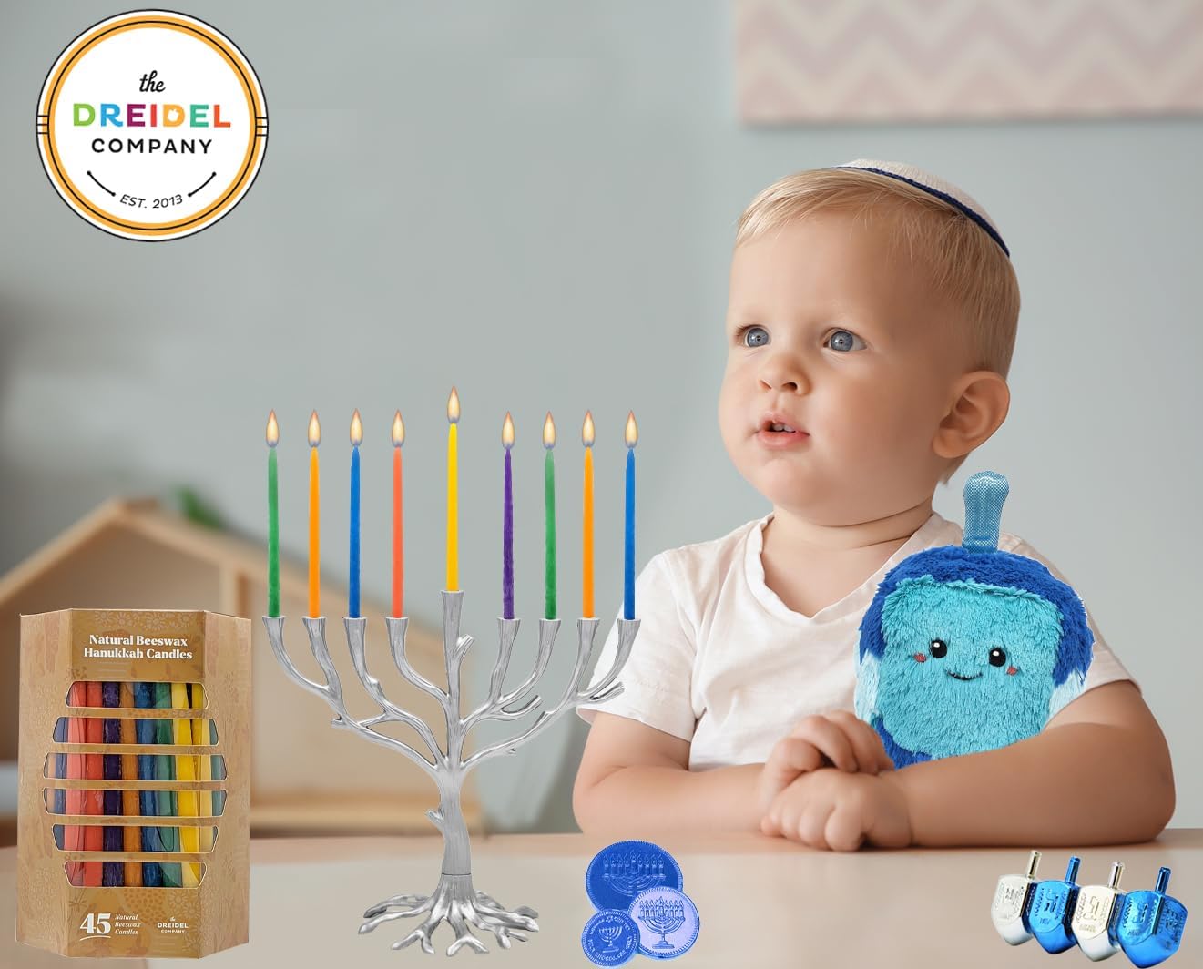 The Dreidel Company Dripless Hanukkah Candles Multicolored Beeswax, Hand-Made Striped Deluxe Tapered Decorations, Chanukkah Menorah Candles for All 8 Nights of Chanukah (Multicolor Beeswax)
