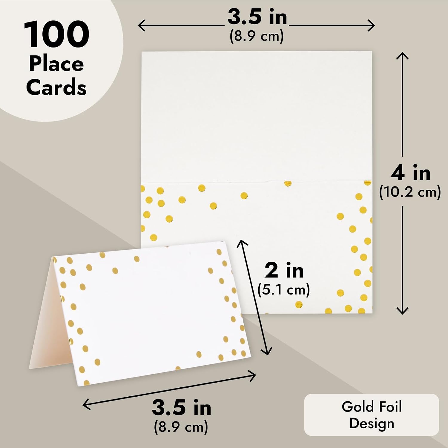 Best Paper Greetings Place Cards for Table Setting - 3.5 x 2 In Folded, 100 Pack, Gold Foil Polka Dots, 250gsm Paper - Place Card Holders & Food Tags for Weddings & Dinner Parties