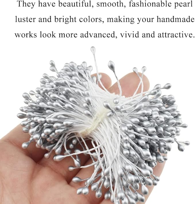 HAHIYO 700Pcs 3mm Silver Pearl Double Heads Pistil Hand-Made Artificial Pistil para Flores Pearlized Floral Stamen for Flower Making Scrapbook Decoration