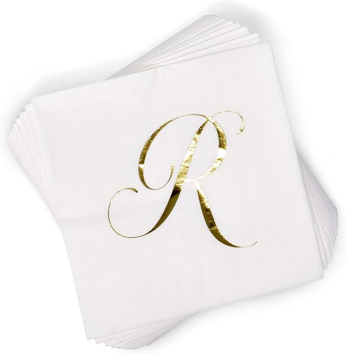 Gift Boutique 100 Gold Monogram Cocktail Napkins Letter R Disposable Paper Pack Elegant Metallic Golden Foil Hand Napkin for Powder Room Wedding Holiday Birthday Party Baby Shower Decorative Towels
