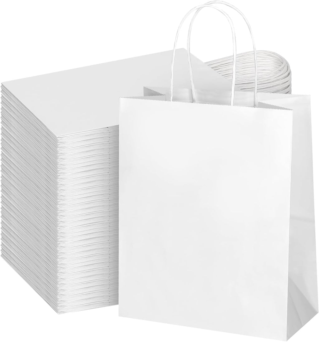 bagmad 100Pcs Pack 8x4.75x10 inch Medium White Kraft Paper Bags with Handles Bulk, Gift Bags, Craft Grocery Shopping Retail Birthday Party Favors Wedding Sacks Restaurant Takeout, Business (100)