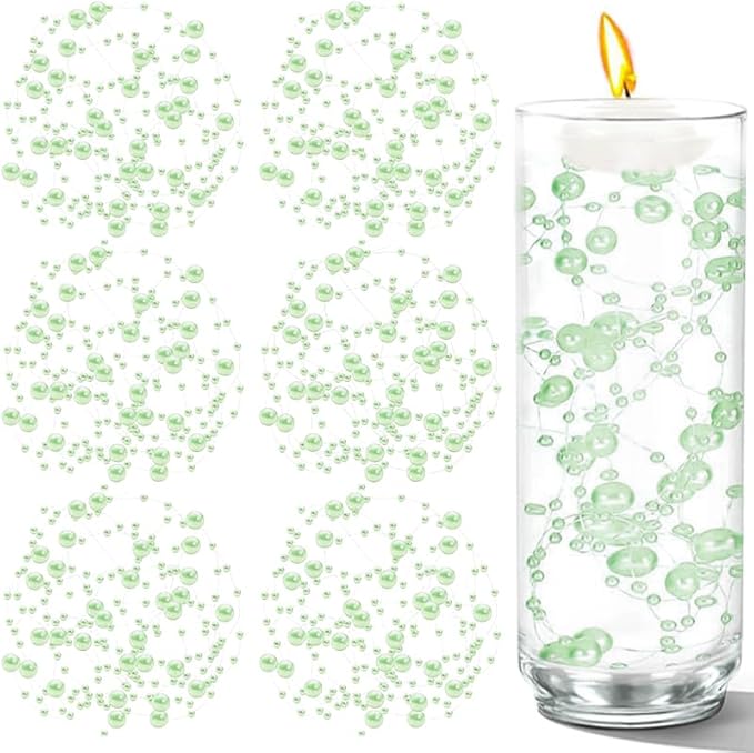 50 PCS Artificial Floating Beads for Centerpieces Vases, Light Green 8+3mm String Beads for Wedding Party Faux Pearl String for Decorating, String Pearls for Crafts Vase Filler