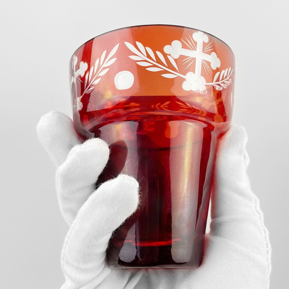 Orthodox Oil Lamp Glass Cup 10.49 cm | Engraved Cross Red Prayer Votive Holder, Orthodox Cross Laser Engraving, Church and Home Altar Devotion