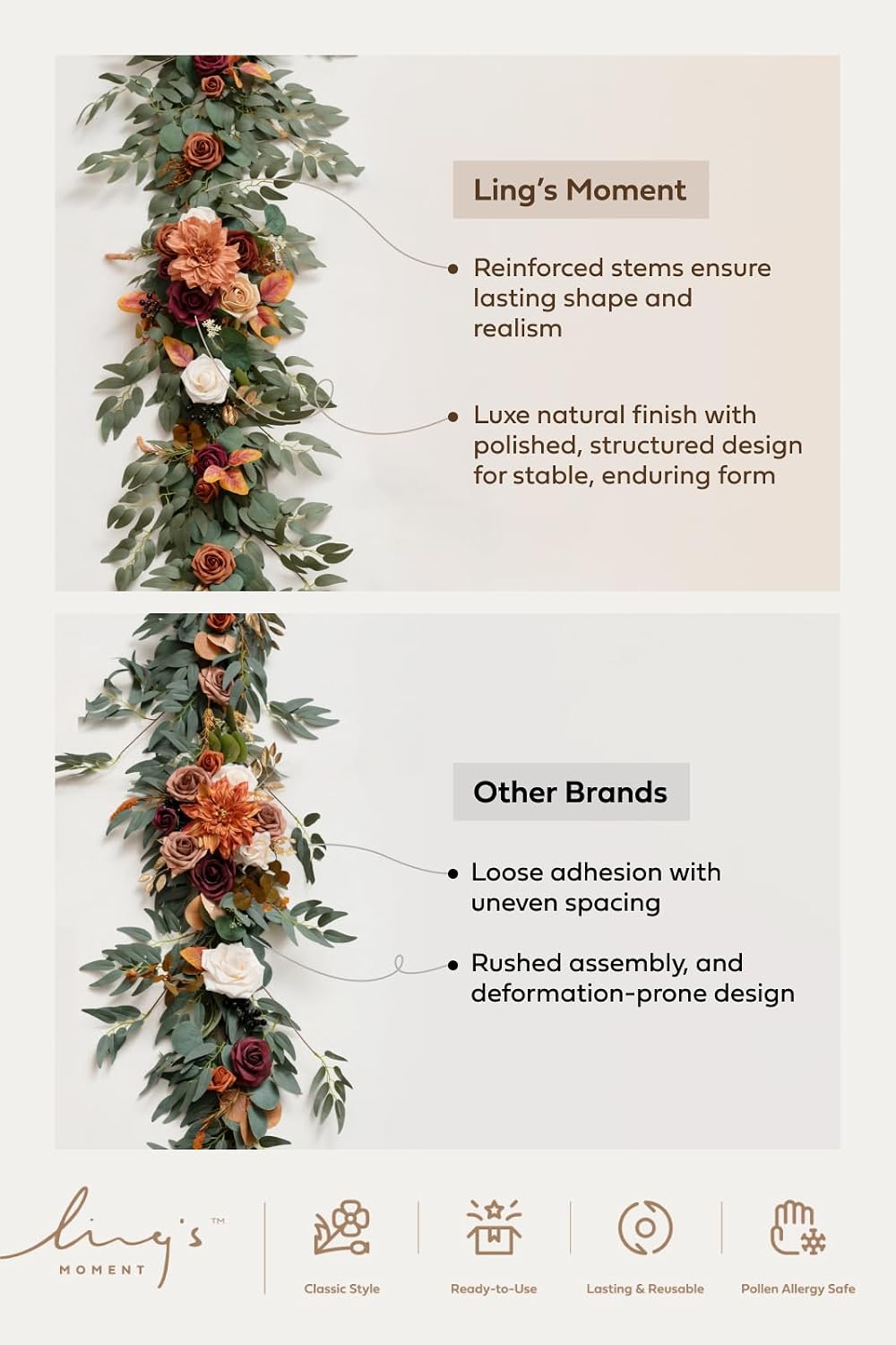 Ling's moment Flower Garland - 6FT Eucalyptus & Rose - Sweetheart Table Decor for Wedding Reception, Artificial Floral Garland for Mantle, Spring Garden Ceremony, Christmas Decoration, Beige Brown