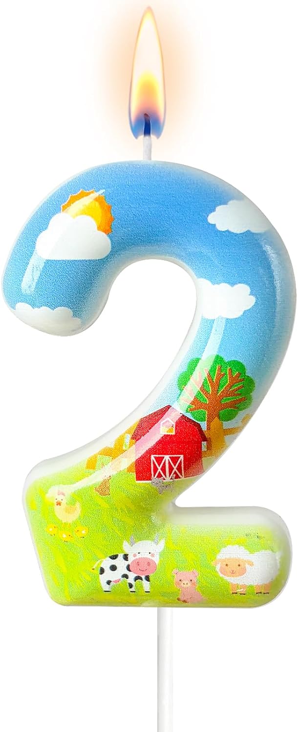 Farm Theme Number 2 Birthday Candle, Barnyard Cake Topper for Boys Girls, Farm Party Cake Decoration
