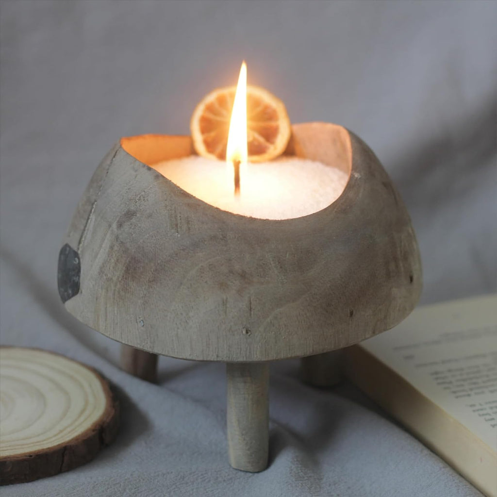 Rustic Wooden Candle Bowl with 18 Oz Refillable Pearled Candle | Sand Candles with 30 Wicks DIY Candle Making Kit Votive Stand Pedestal Holder Decorative Footed Snack Fruit Freeform (White)
