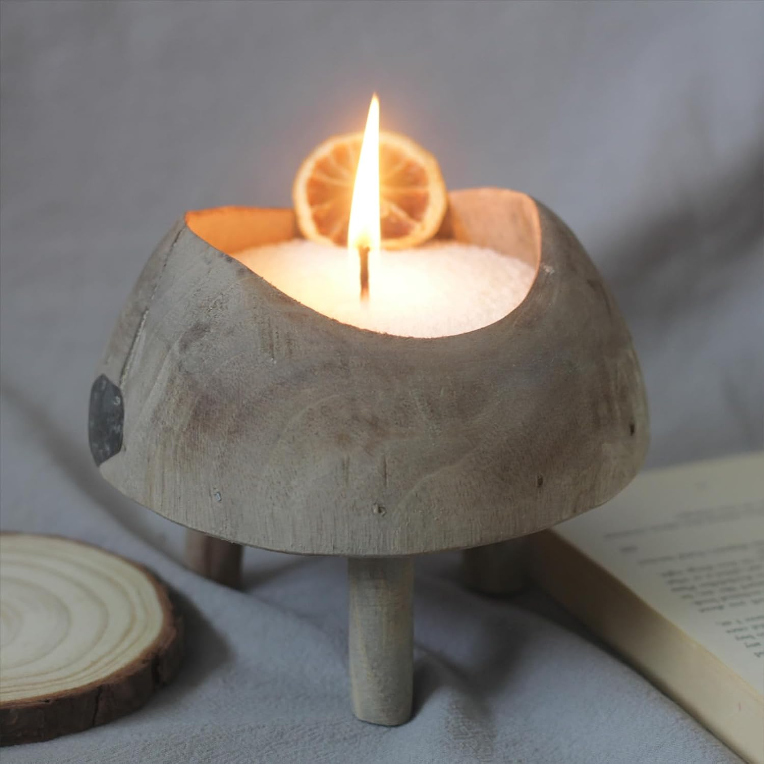 Rustic Wooden Candle Bowl with 18 Oz Refillable Pearled Candle | Sand Candles with 30 Wicks DIY Candle Making Kit Votive Stand Pedestal Holder Decorative Footed Snack Fruit Freeform (White)