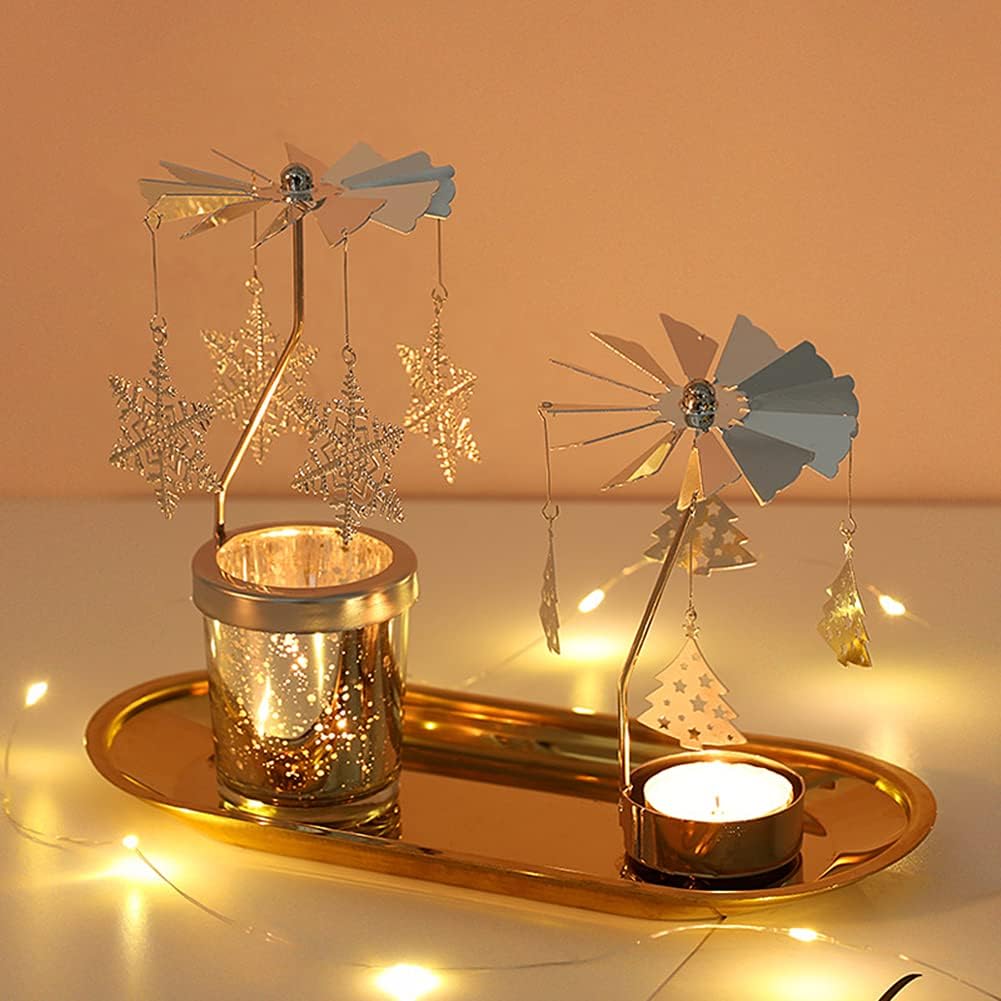 Christmas Candle Holders，Rotating Candlestick，Gold Starlight Glass Candle Holder,Restaurant Wedding Christmas Thanksgiving Wedding Anniversary Table Decoration (Christmas Tree)