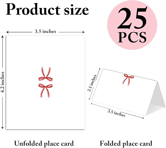 25 Pack Red Bow Place Cards, Editable Name Cards for Table Setting, Cute Tent Cards Food Label for Dinner Party, Bridal Shower, Wedding, Baby Shower and Events -T33