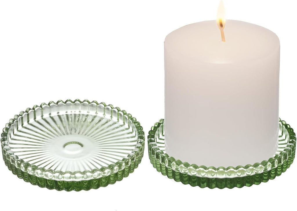 2 Pack Glass Pillar Candle Holders 4 Inch Ribbed Edge Design Decorative Candle Plate with Serrated Edges Clear Green Display Stand for Wedding Home Decor Table Centerpieces