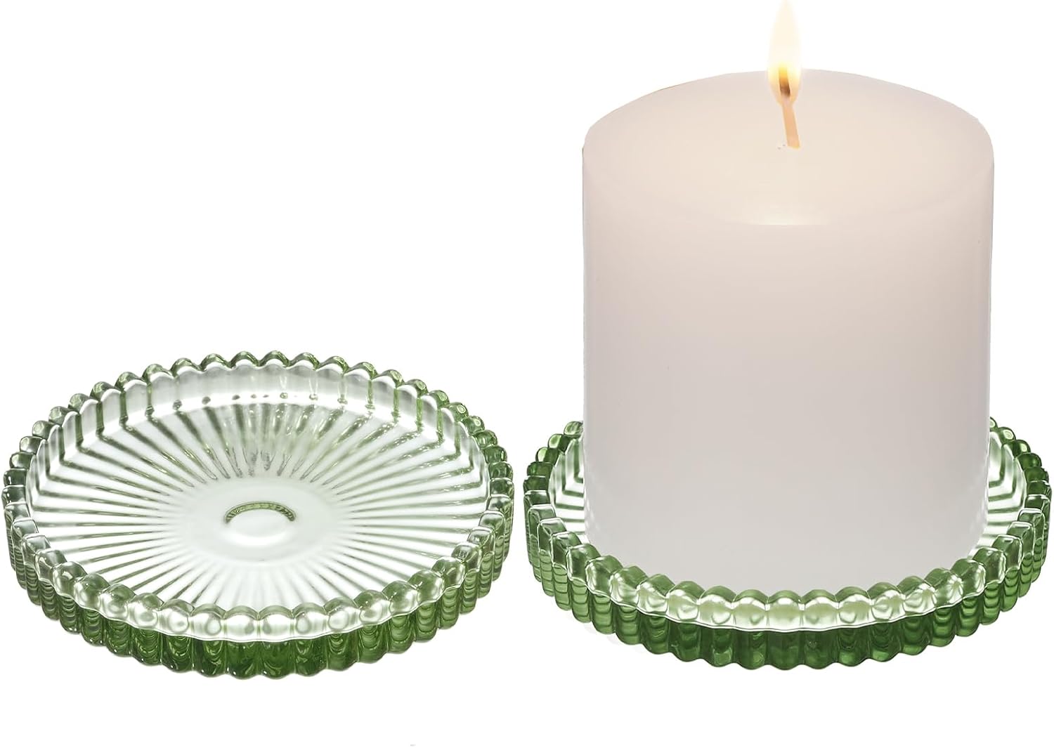 2 Pack Glass Pillar Candle Holders 4 Inch Ribbed Edge Design Decorative Candle Plate with Serrated Edges Clear Green Display Stand for Wedding Home Decor Table Centerpieces