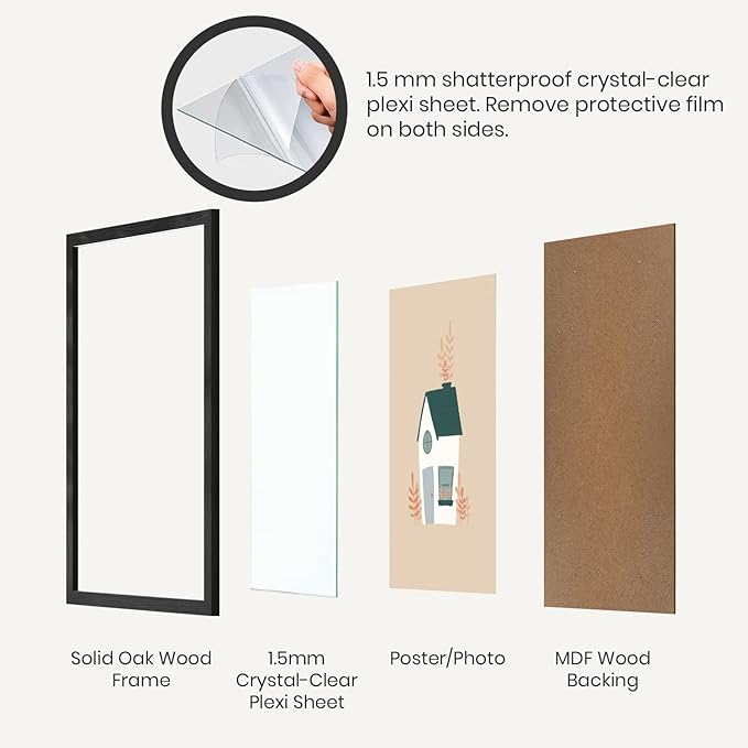 Opposite Wall - 12x16 in - Black Solid Oak Wood Picture Frame - Lightweight, Versatile & Shatterproof - Wall Hanging Poster or Photo Frame - Wall Decor for Office, Gallery & Home