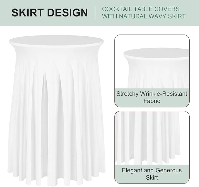 Cocktail Table Covers - 3 Pack 32"x 43" White Cocktail Table Tablecloth with Natural Wavy Round Skirt for Bar Wedding Party Banquet