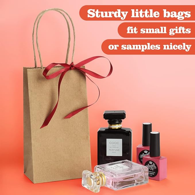 BagDream 50 Pack 3.5x2.4x6.7 Inches Small Kraft Paper Gift Bags with Handles Bulk Mini Party Favor Bags Candy Bags 100% Recyclable Brown Paper Bag