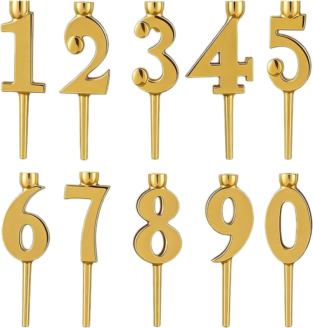 10 Pieces Number Candle Holder Set 0-9 Number Cake Topper Decorations Digital Happy Birthday Cake Candle Holders Set Reusable Stainless Steel Party Supplies(Gold)
