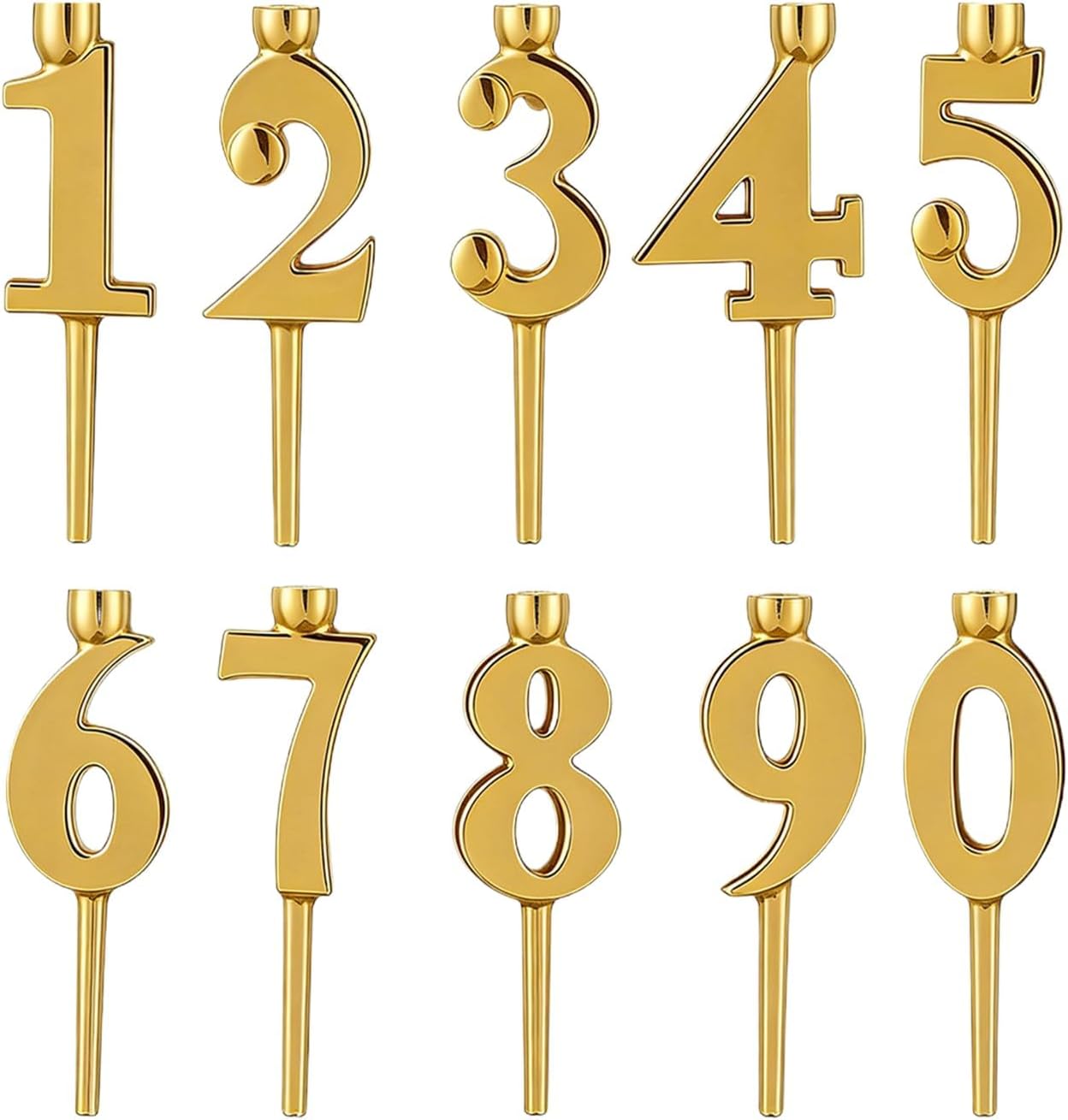 10 Pieces Number Candle Holder Set 0-9 Number Cake Topper Decorations Digital Happy Birthday Cake Candle Holders Set Reusable Stainless Steel Party Supplies(Gold)