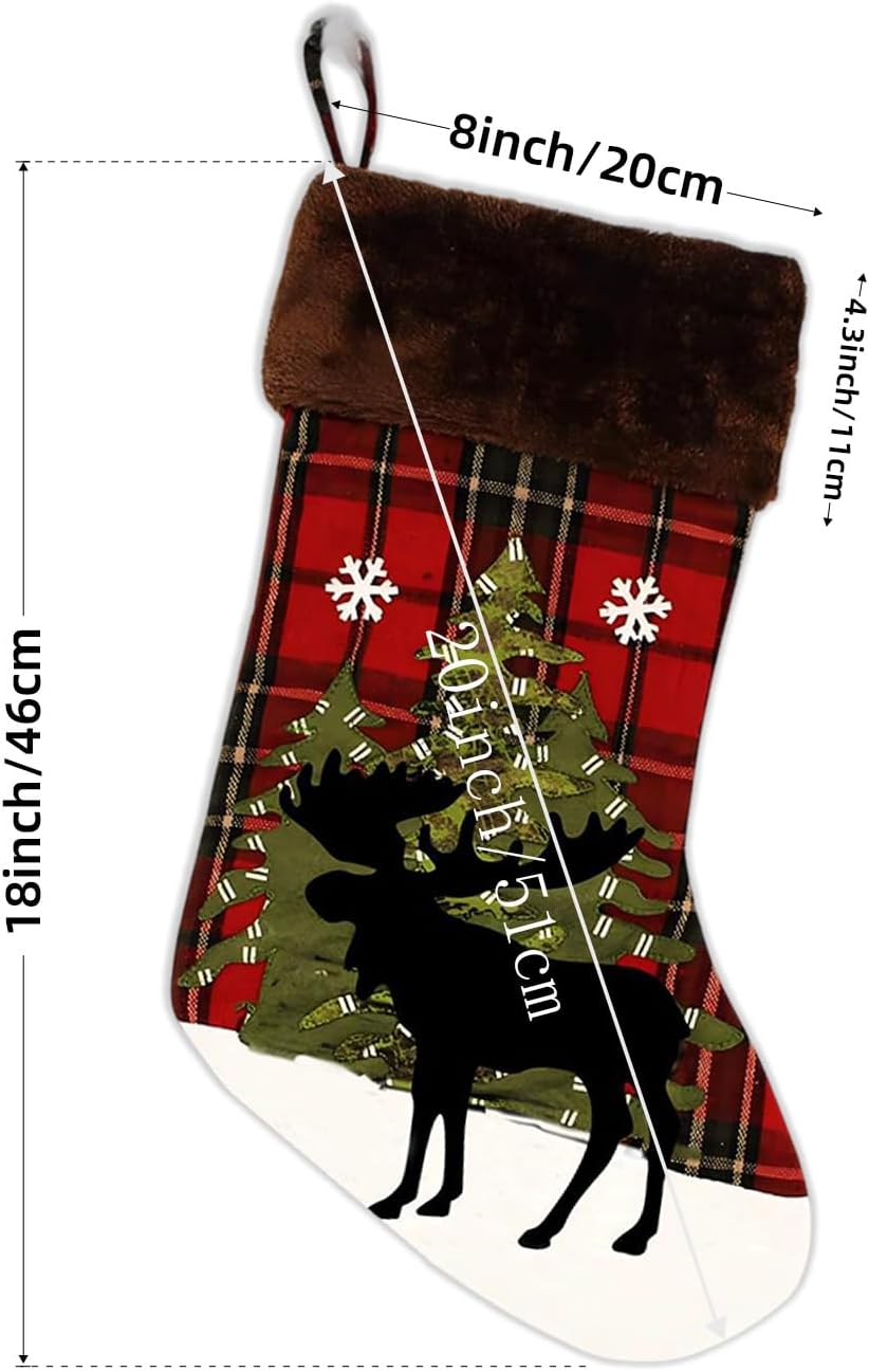 20 inch Big Moose Christmas Stockings, Single Black Deer Reindeer Buffalo Plaid Cute Rustic Farmhouse Xmas Stocking with Snowflake for Baby Child Children Kids Girl Boy Christmas Décor (Big Moose)