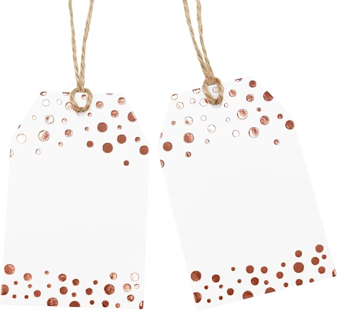 100Pcs Rose Gold Gift Tags with String Attached, ASYEHJNR Foil Rose Gold Dot Large Gift Bag Tags Presents with 65 FT Jute Twine, White Paper Gift Tags for Baby Shower, Wedding, Birthday Gift Wrap Tags