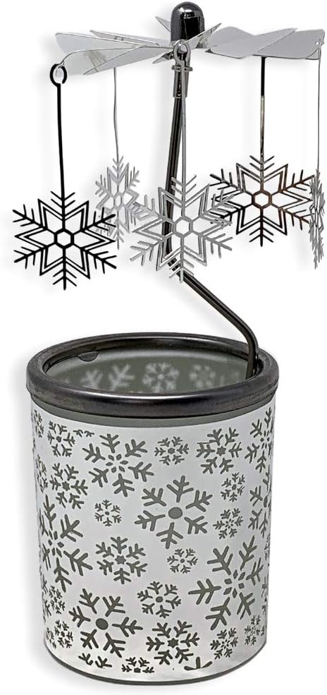 Snowflake Spinning Candle Holder – Rotating Snowflake Charms, Frosted Glass Votive Holder with Laser-Cut Metal Snowflakes – Scandinavian Christmas Table and Mantel Decor – 6.25" H