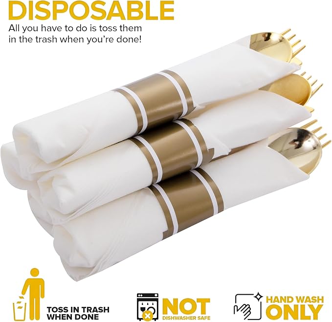 200Guests Pre Rolled Gold Plastic Silverware Sets - Heavy Duty Gold Cutlery - Include 200 Pack Wrapped Disposable Utensils with Napkins for Parties & Dinners & Weddings